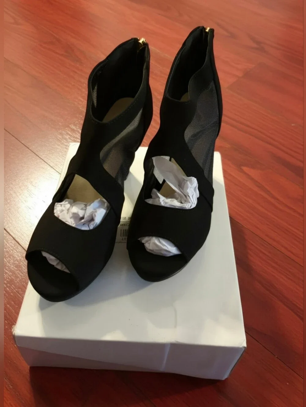 Black Peep-Toe Mesh Heeled Sandals with Back Zip Size 7